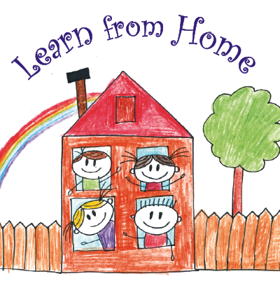 Drawing of a House With Text Learn From Home Linking to District Learn From Home Page